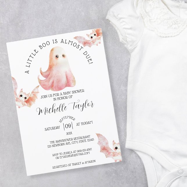 Invitation Cute Ghost Bat Little Boo Girl Baby shower (pink watercolor ghost and bat)