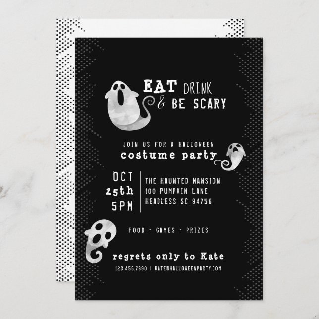 Invitation Cute Ghost Eat Drink Be Effrayant Costume Hallowee (Devant / Derrière)