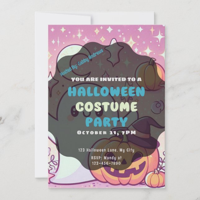 Invitation Cute Ghost Jack-O' lanterne étoiles Halloween rose (Devant)