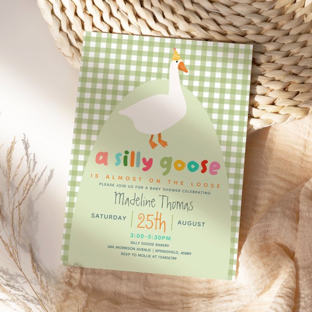 Invitation Cute Gingham Neutral Silly Goose Baby Shower  (Créateur téléchargé)
