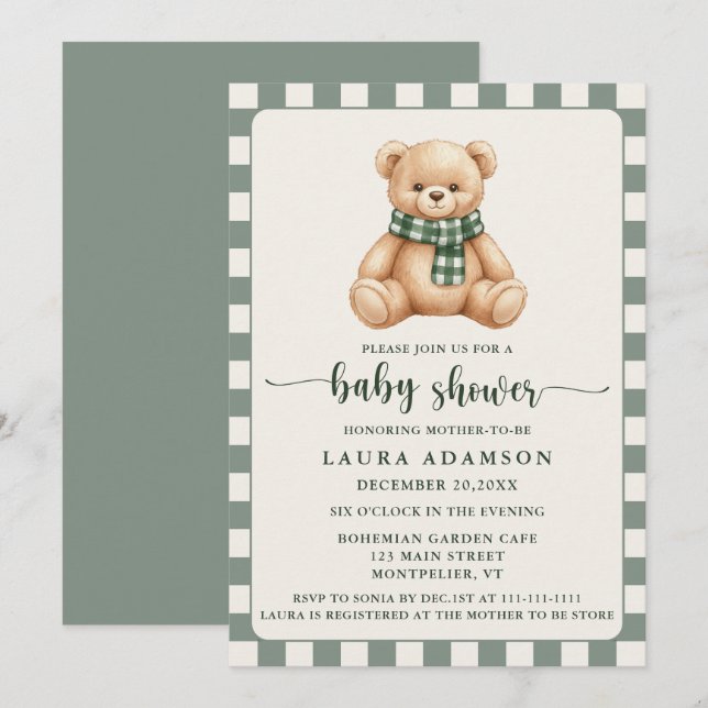 Invitation Cute Gingham Plaid Teddy Bear Winter Baby Shower (Devant / Derrière)