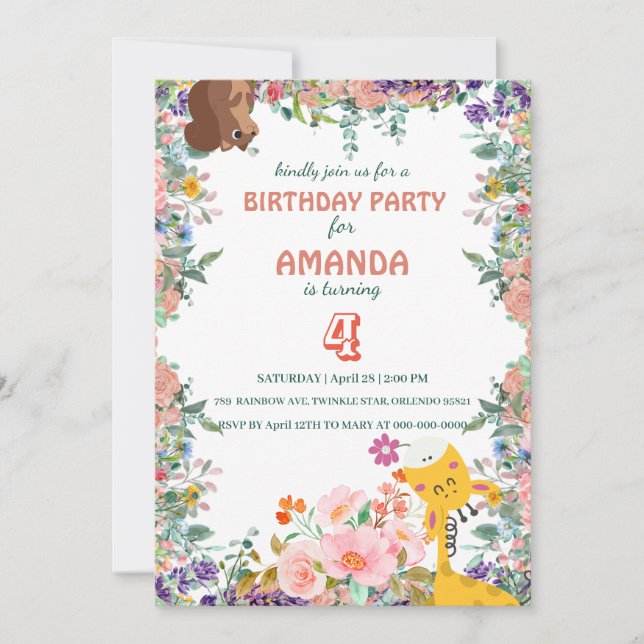 Invitation Cute girafe fleurs fleurie fête d'anniversaire (Devant)