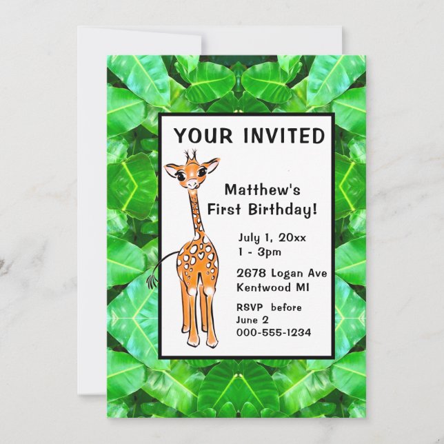 Invitation Cute Giraffe amis safari tropical feuille (Devant)