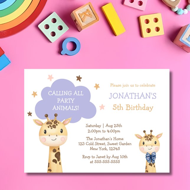 Invitation Cute Giraffe Appelant Animaux de fête Anniversaire (Créateur téléchargé)
