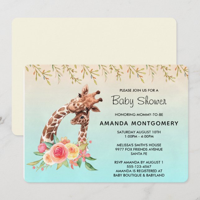 Invitation Cute Giraffe Aquarelle Maman & Baby shower bébé (Devant / Derrière)