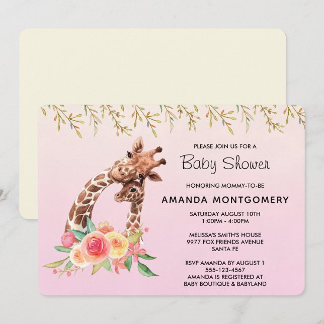 Invitation Cute Giraffe Aquarelle Maman & Baby shower bébé (Devant / Derrière)