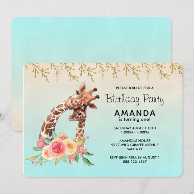 Invitation Cute Giraffe Aquarelle Maman & Bébé Anniversaire (Devant / Derrière)