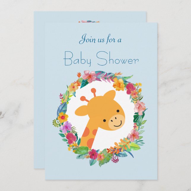 Invitation Cute Giraffe avec un Baby shower de couronne fleur (Devant / Derrière)