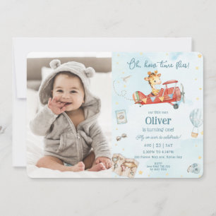 Invitation Cute Giraffe Avion vole Aventure Anniversaire Phot