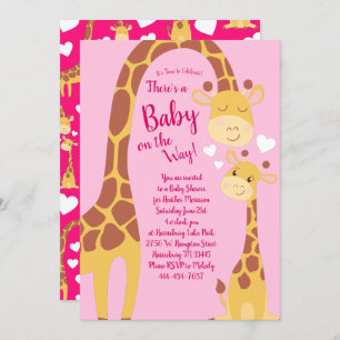 Invitation Cute Giraffe Baby shower fille rose