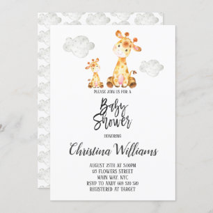 Invitation Cute Giraffe Baby shower Gris Neutre Mère et bébé