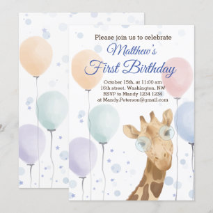 Invitation Cute Giraffe Ballons colorés Boy Anniversaire