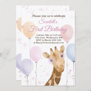 Invitation Cute Giraffe Ballons colorés Fille 1er anniversair