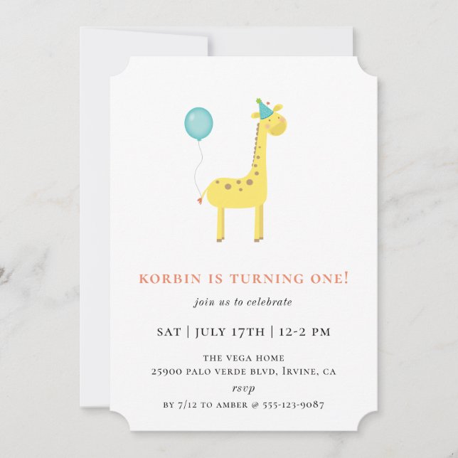 Invitation Cute Giraffe Blue Balloon fête d'anniversaire (Devant)