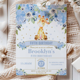 Invitation Cute Giraffe Blue Floral fête d'anniversaire