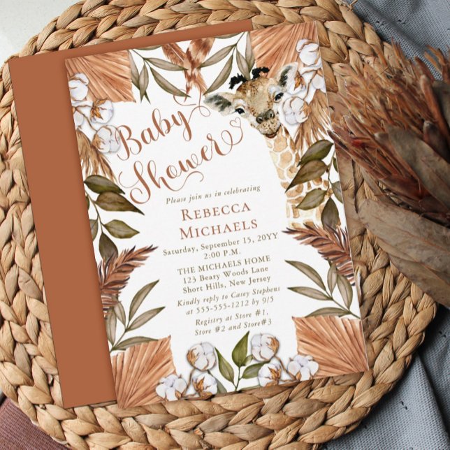 Invitation Cute Giraffe Boho Grasses séchées Baby shower (Créateur téléchargé)