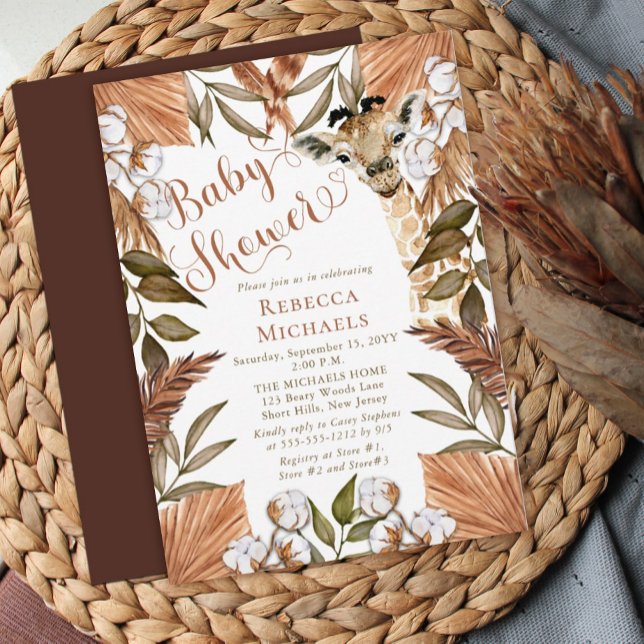 Invitation Cute Giraffe Boho Grasses séchées Baby shower (Créateur téléchargé)