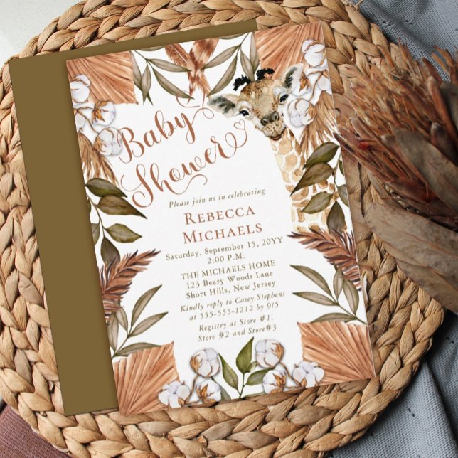 Invitation Cute Giraffe Boho Grasses séchées Baby shower Invi (Créateur téléchargé)