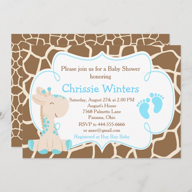 Invitation Cute Giraffe Boy Baby shower bleu (Devant / Derrière)