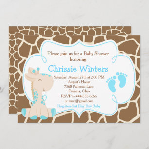 Invitation Cute Giraffe Boy Baby shower bleu