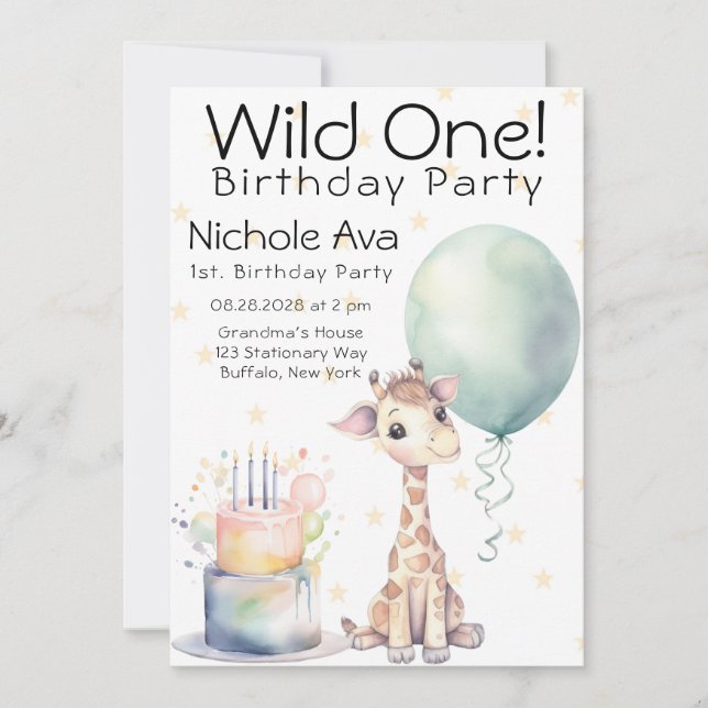 Invitation Cute Giraffe Cake Balloon 1er Anniversaire sauvage (Devant)