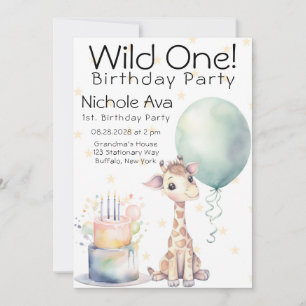 Invitation Cute Giraffe Cake Balloon 1er Anniversaire sauvage