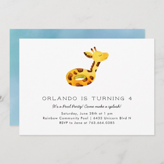 Invitation Cute Giraffe Floatie Pool fête d'anniversaire (Devant / Derrière)