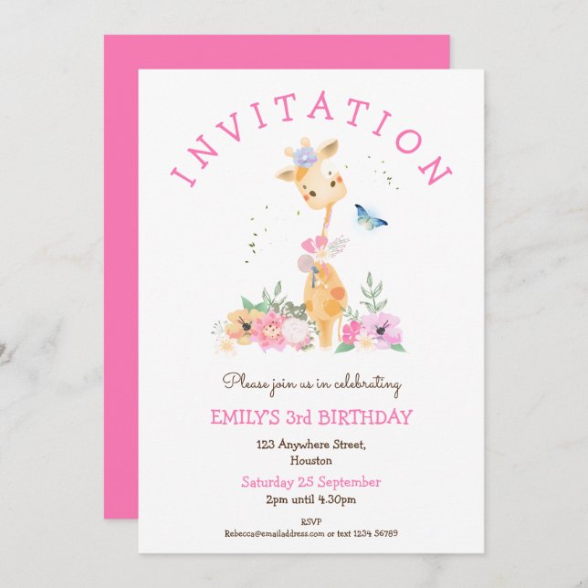 Invitation Cute Giraffe Florals Filles 3e fête d'anniversaire (Devant / Derrière)