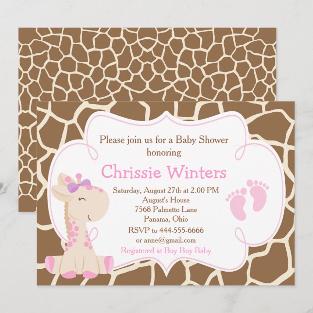 Invitation Cute Giraffe Girl Baby shower rose (Devant / Derrière)