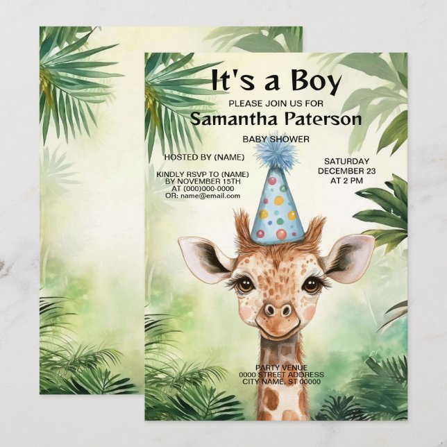 Invitation Cute Giraffe Jungle Baby Shower Party Beautiful (Devant / Derrière)