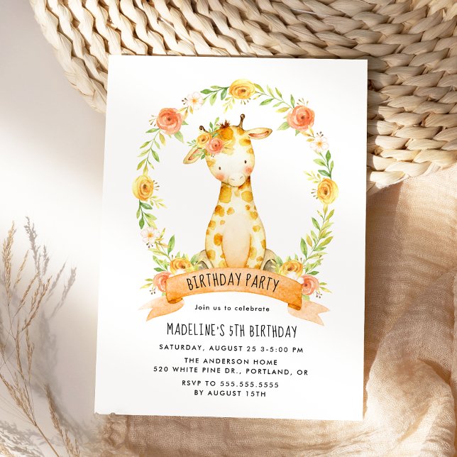 Invitation Cute Giraffe Orange Aquarelle Florale Anniversaire (Créateur téléchargé)