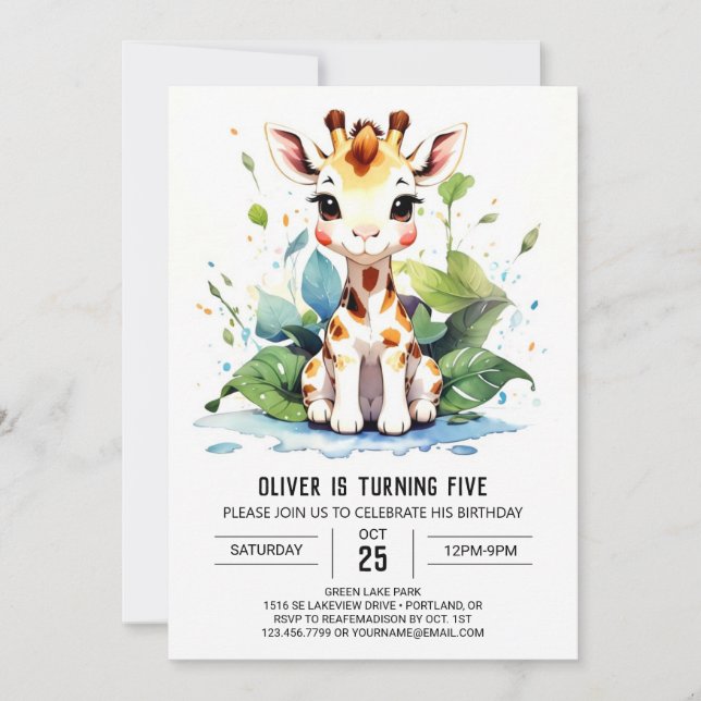 Invitation Cute Giraffe Safari Sérénité Anniversaire (Devant)