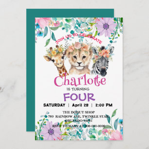 Invitation Cute Giraffe Zebra jungle Animaux Anniversaire Flo