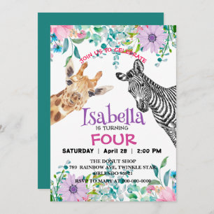 Invitation Cute Giraffe Zebra jungle Animaux Fleur d'annivers
