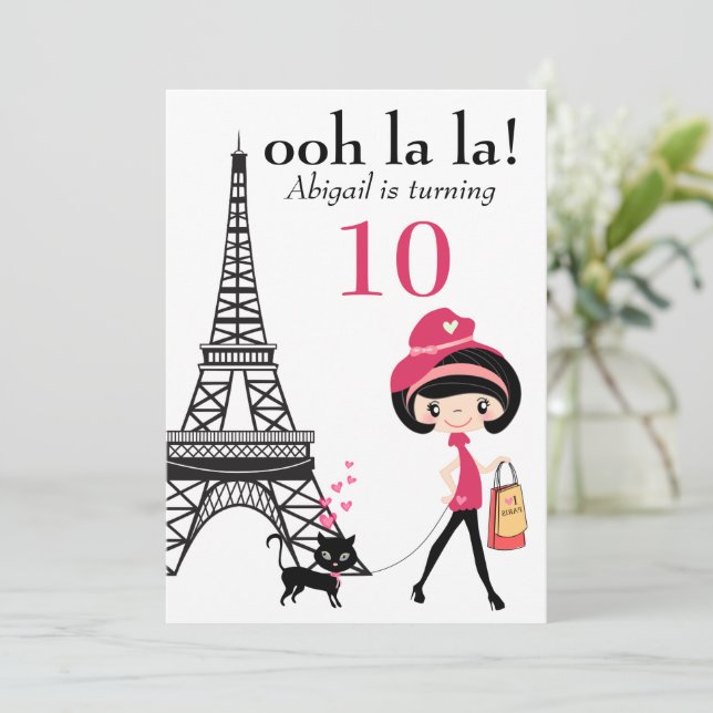 Invitation Cute Girl and Cat Paris Tour Eiffel Anniversaire (Debout devant)