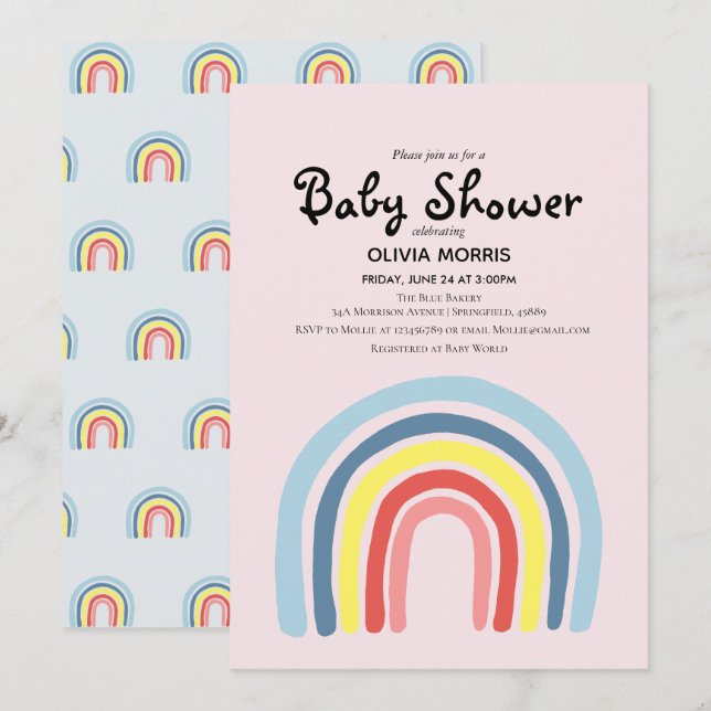Invitation Cute Girl Boho Rainbow et nom Baby shower (Devant / Derrière)