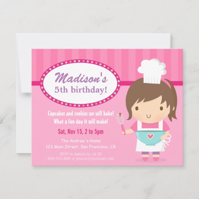 Invitation Cute Girl Chef Cuisine Baking Birthday Party (Devant)