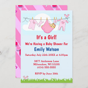 Invitation Cute Girl Clothesline Coeurs Boho Baby shower