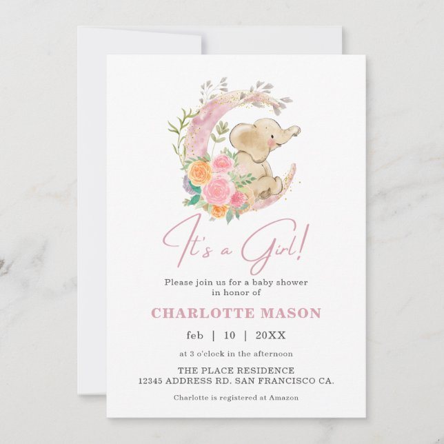 Invitation Cute Girl Elephant Floral Moon Baby shower (Devant)