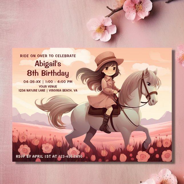 Invitation Cute Girl équitation Cheval et Fleurs roses Annive (Front - Cute Girl Riding Horse and Pink Flowers Birthday Invitation)