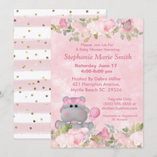 Invitation Cute Girl Hippo Baby shower floral rose