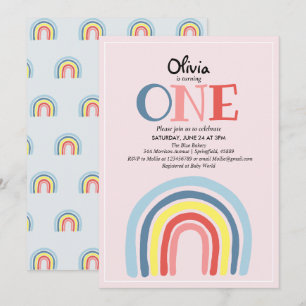 Invitation Cute Girl Modern Rainbow et nom 1er anniversaire