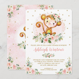 Invitation Cute Girl Monkey Baby Pink Gold Floral Baby shower