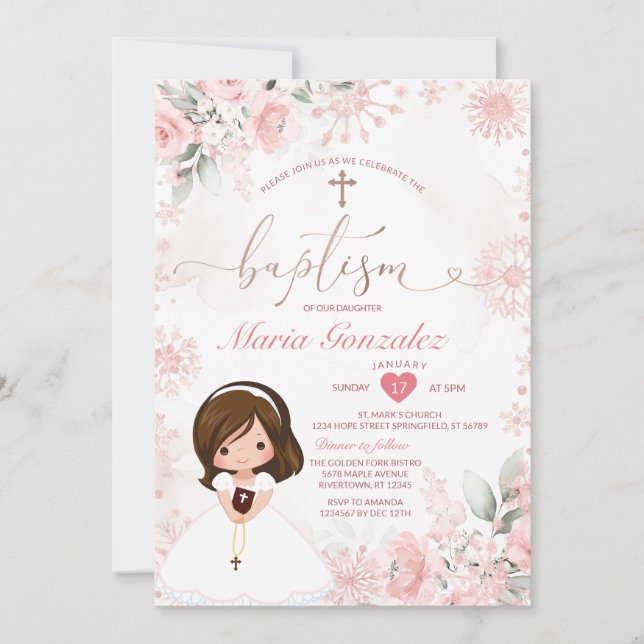 Invitation Cute Girl Pink Rose Gold Floral Snowflake Baptism (Devant)