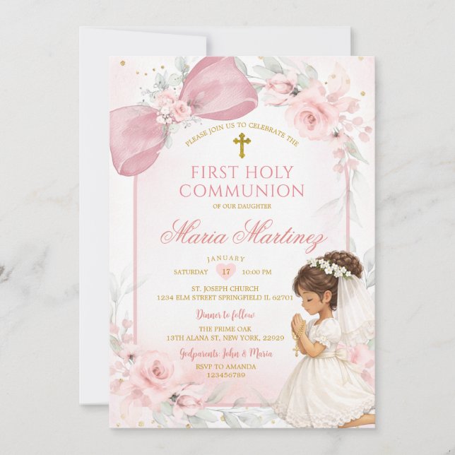 Invitation Cute Girl Praying Pink Bow First Holy Communion (Devant)