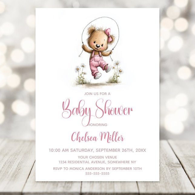 Invitation Cute Girl Teddy Bear Playing Jump Rope Baby Shower (Créateur téléchargé)