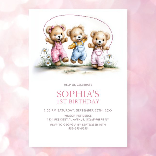 Invitation Cute Girl Teddy Bears 1st Birthday Party (Créateur téléchargé)