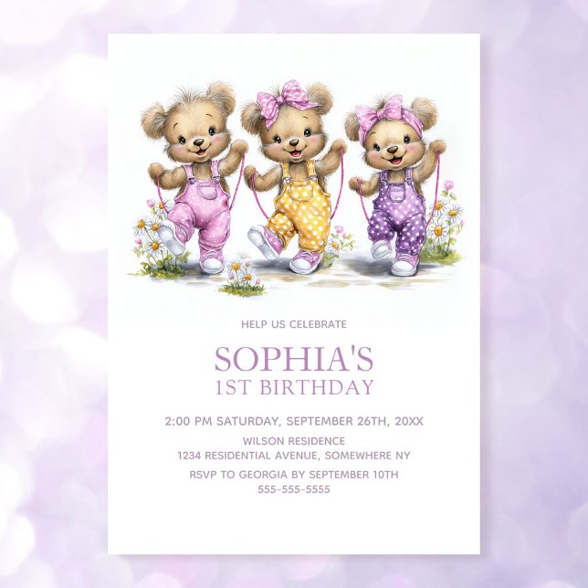 Invitation Cute Girl Teddy Bears Jump Rope 1st Birthday Party (Créateur téléchargé)