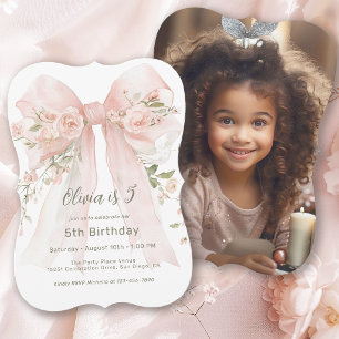 Invitation Cute Girl's 5e Anniversaire Rose Floral Bow et Pho