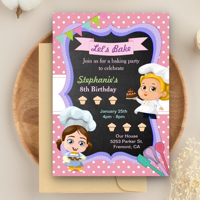 Invitation Cute Girls Chef Baking Anniversaire Fête Invitatio (Créateur téléchargé)